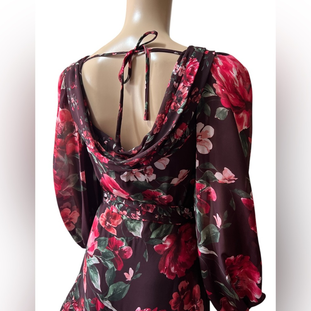 NWT Alex Marie Size 2 Chiffon Floral Midi Dress Cowl Neck Long Sleeves Ruffles - Picture 9 of 13